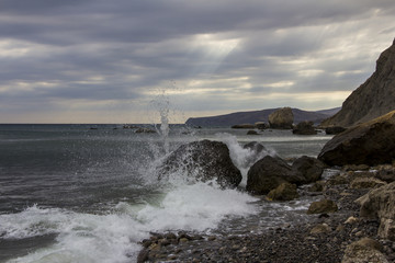 landscape of a famous rock formations, bays near the extinct volcano Karadag Mountain in KaraDag reserve in north-east Crimea, Black sea