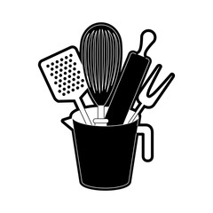 jar with kitchen utensils and roller pin black silhouette