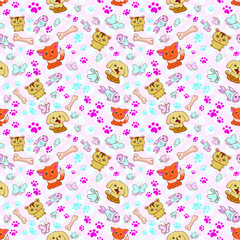 Cute seamless pattern with funny puppy and bones . pastel colors background pink and blue. smile hamster. cat with fish