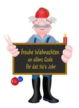 plattdeutscher Weihnachtsgru&szlig;, Fischer mit Weihnachtsm&uuml;tze und Schild, freigestellt, wei&szlig;er Hintergrund