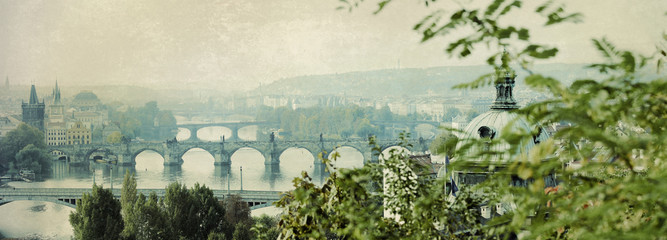 morgendliches prag, moldaubrücken, nostalgisch, panorama