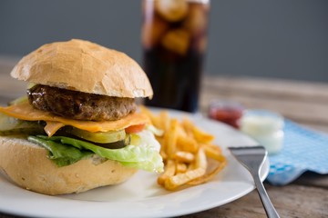 Close up of hamburger and french fries served in plate