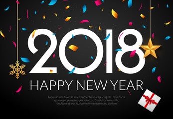 Happy New Year 2018 background decoration. Greeting card design template 2018 confetti. Holiday of 2018 year