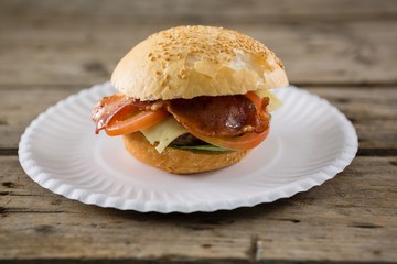 Close up of hamburger served in plate