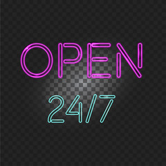 Neon light open 24 hours 7 days isolated on a transparent background. Vector Illustration for gift card, certificate, voucher, night club, bar neon sign.