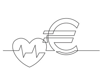 one line drawing of isolated vector object - health care cost with heart and euro