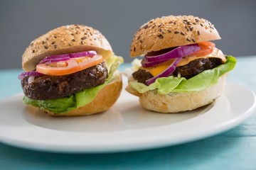 Close up of hamburgers in plate