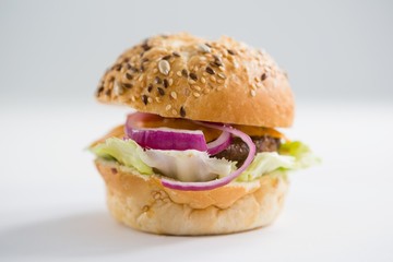Close up of hamburger with black sesame seed