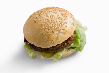 High angle view of hamburger with leaf vegetable