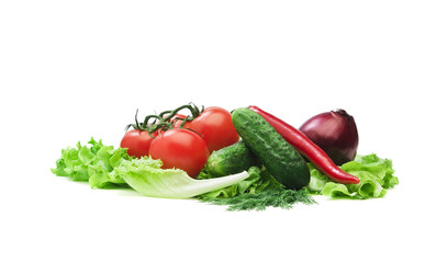 Tomato, cucumber and cayenne pepper isolated