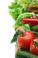 Set vegetable and jug of vegetable oil isolated