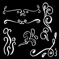 White chalk decor elements on black, vector illustration. Rustic chalk borders.
