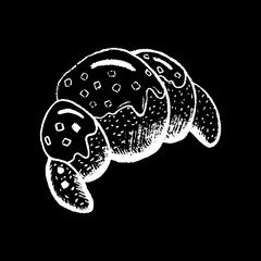 Croissant white chalk on black chalkboard vector illustration. Fresh croissant for french breakfast.