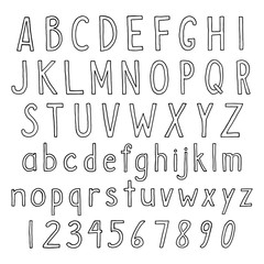 Hand drawn alphabet in thin linear style. Vector set of simple semi bold letters and numbers. Sans serif black handwritten font on isolated white background.