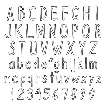 Hand drawn alphabet in thin linear style. Vector set of simple semi bold letters and numbers. Sans serif black handwritten font on isolated white background.