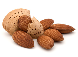 Almond nut in shell and shelled isolated on white background close up