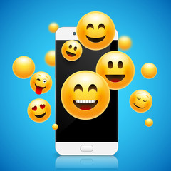 Emoji happy smiley design with mobile phone. 3d emotion concept illustration background