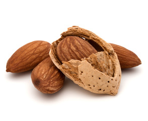 Almond nut in shell and shelled isolated on white background close up