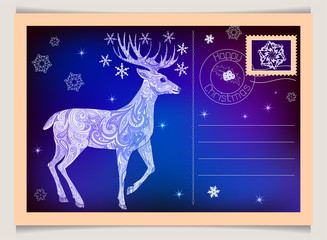 Christmas and new year vintage greeting postcard with deer.