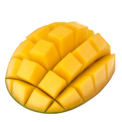 Sliced mango cubes isolated on white background