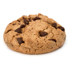 One Chocolate chip cookie isolated on white background. Sweet biscuit. Homemade pastry.
