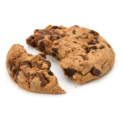 One broken Chocolate chip cookie isolated on white background. Sweet biscuit crumbs. Homemade pastry.
