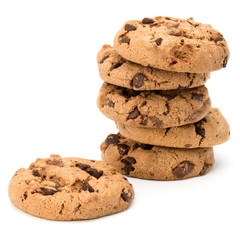 Stacked Chocolate chip cookies isolated on white background. Sweet biscuits. Homemade pastry.