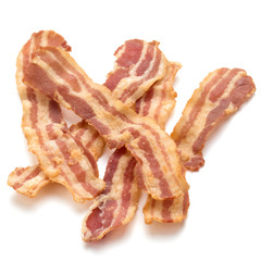 cooked crispy slices of bacon isolated on white background