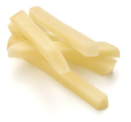Raw Potato sliced strips prepared for French fries isolated on white background