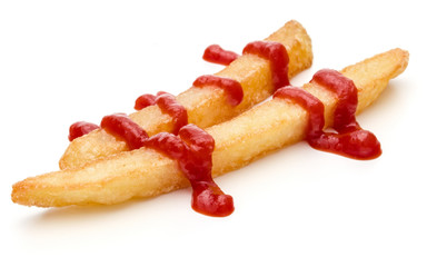 French Fried Potatoes with ketchup isolated on white background