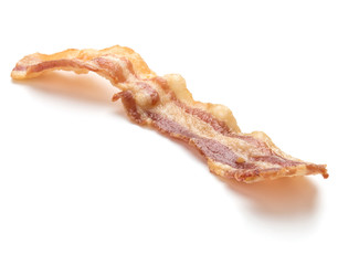 cooked crispy slice of bacon isolated on white background