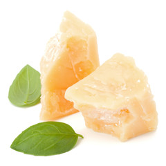 shredded parmesan cheese and basil leaf isolated on white background cutout