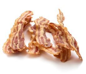 cooked crispy slices of bacon isolated on white background