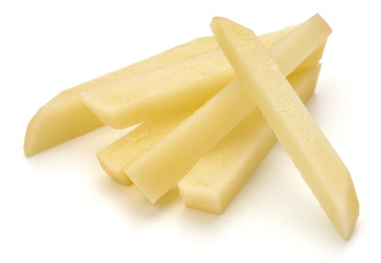 Raw Potato sliced strips prepared for French fries isolated on white background