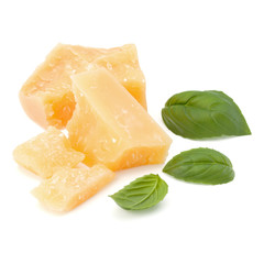 shredded parmesan cheese and basil leaf isolated on white background cutout