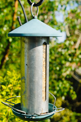 Metal bird feeder full of seed
