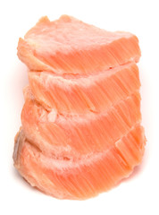 smoked salmon segments isolated on white background cutout. Prepared fish fillet fibres.