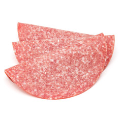 Salami smoked sausage slices isolated on white background
