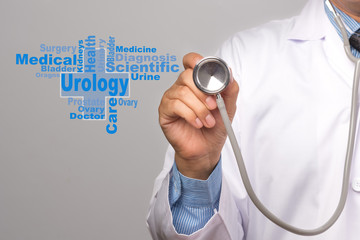 Health Care Concept. Doctor holding a stethoscope and word urology on gray background.