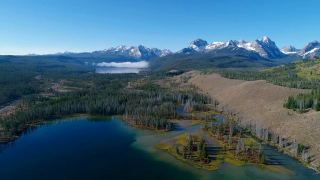 Aerial view of Little Redfish Lake in Idaho mountains