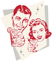 Smiling 1950s couple raising a toast with cocktail glasses © 50s_vintage_dame