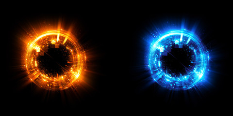 Versus round blue and red glow rays night scene. Light effect podium. .Disco club dance floor. Beam stage. Magic fantasy portal. Futuristic teleport.