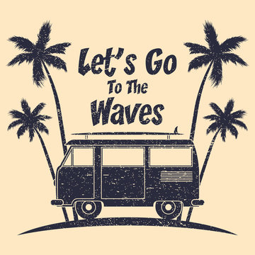 Surfing grunge typography with surf bus, palm trees and surfboard. Graphics for design clothes, t-shirt, print product, apparel. Vector illustration.