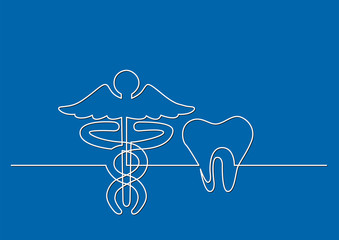 one line drawing of isolated vector object - caduceus and human tooth