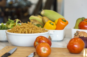 Close up pasta and Vegetables with ingredients ready.