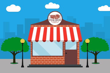 Steak House building. Grill Restaurant facade with signboard with meat, street lamps, trees. Cafe at city landscape background. Vector illustration in flat style.