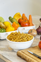 Close up pasta and Vegetables with ingredients ready.