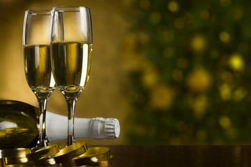 Champagne, christmas tree background