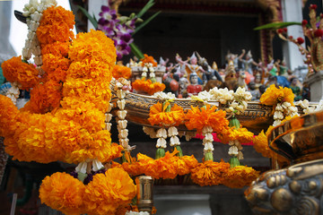garland of marigold flower for offering, in buddhist temple
