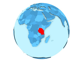 Tanzania on blue globe isolated